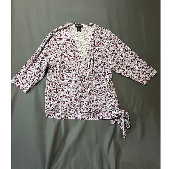 Lane Bryant Plus Size 18/20 Wrap Tie Front Top Purple Geometric Print 3/4 Sleeve - Picture 1 of 12